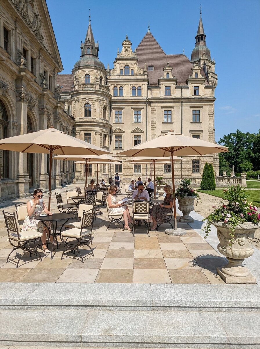 Moderne terrasse de café près du château de Moszna avec des dalles claires