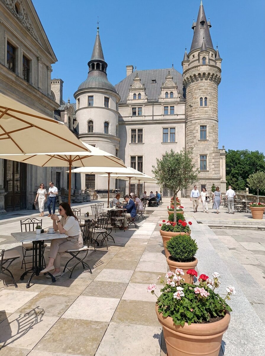 Restaurant en plein air sur la terrasse du château de Moszna, tables de café