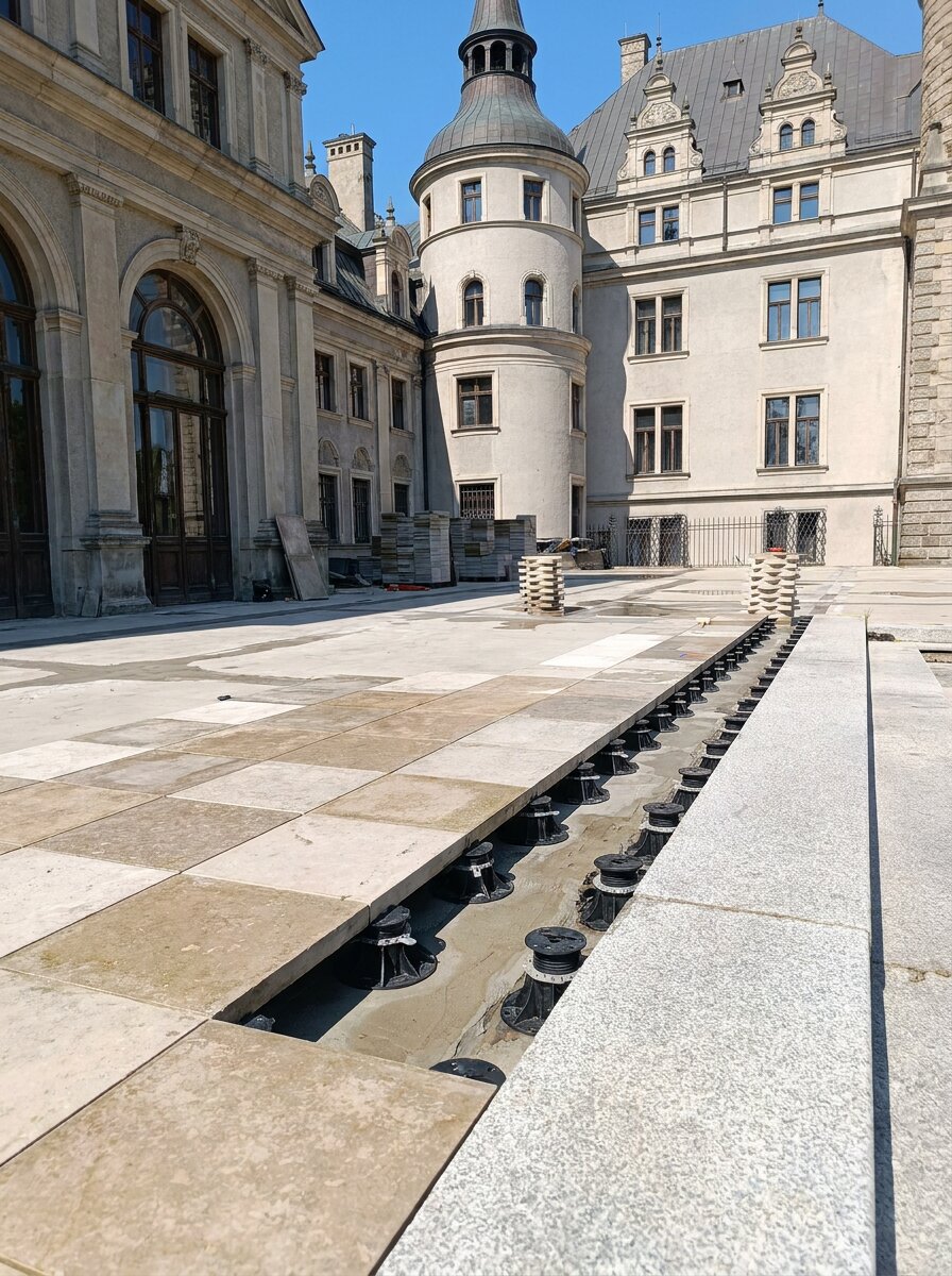 Technologie de terrasse surélevée au château de Moszna, grès noir