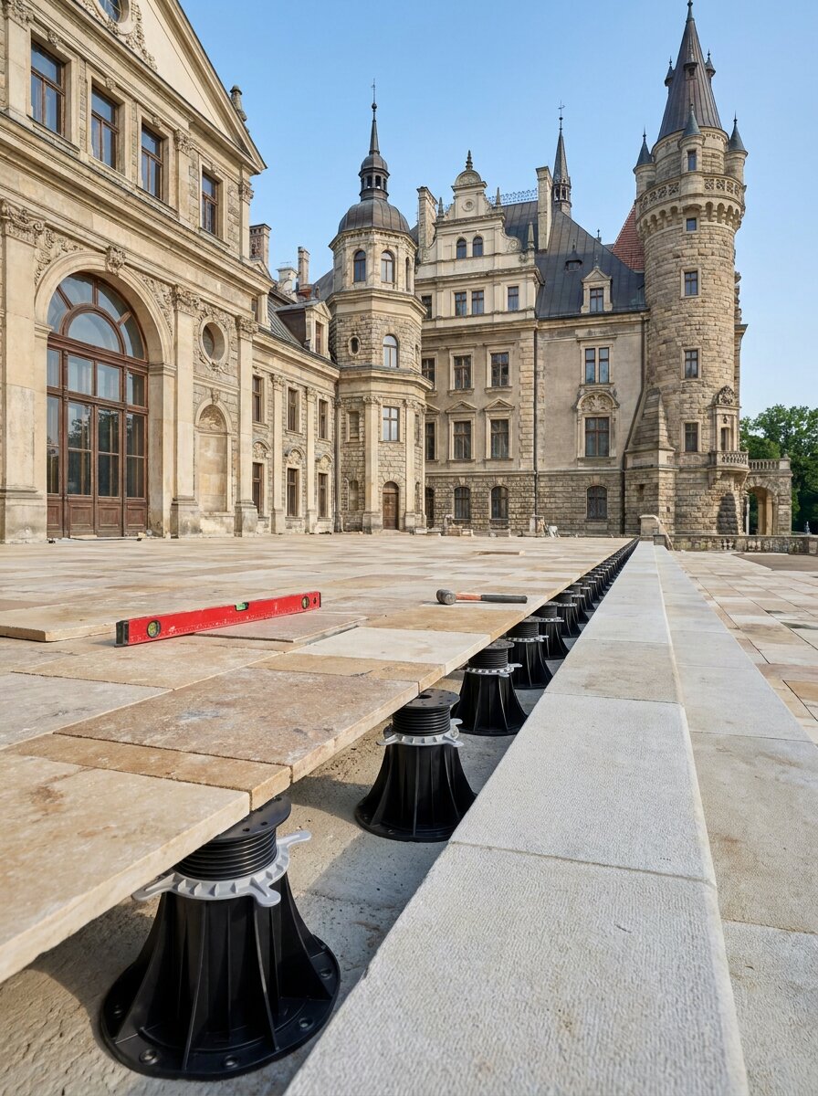 Reglables plots de terrasse alignés sous les grandes dalles