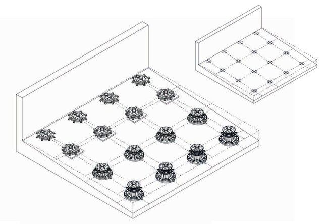 Schéma de disposition des plots sous les dalles sur un support avec pente