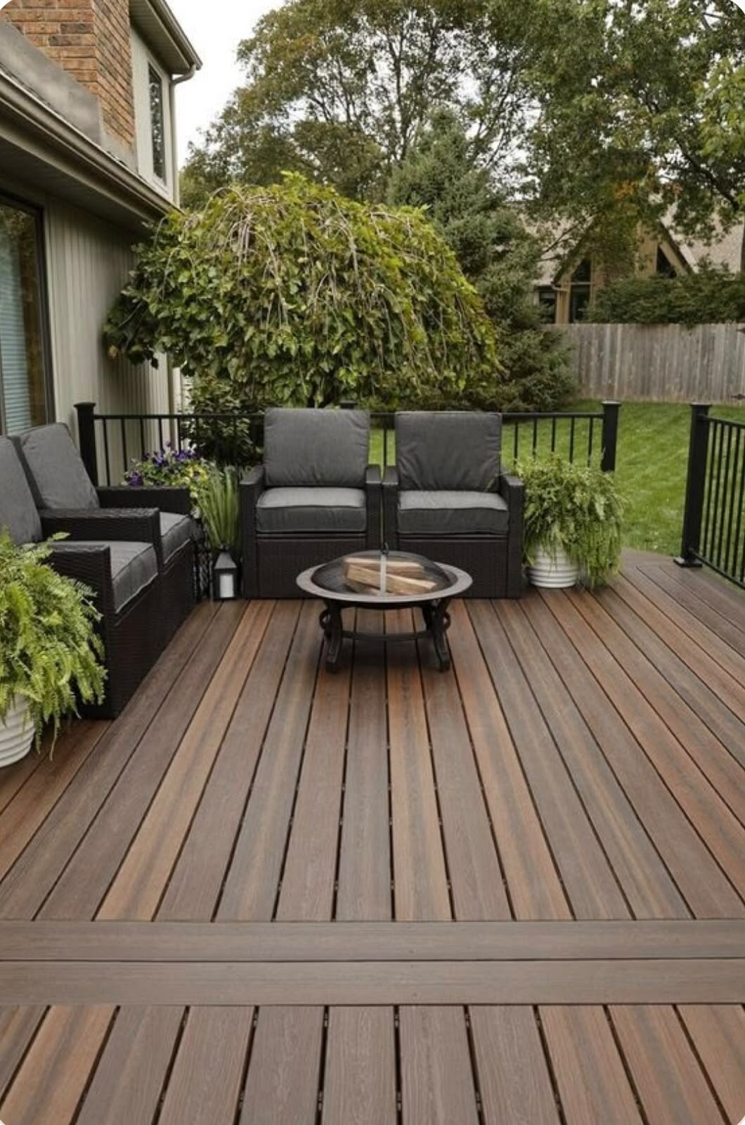 Grande terrasse en bois naturel près d'un immeuble résidentiel moderne.