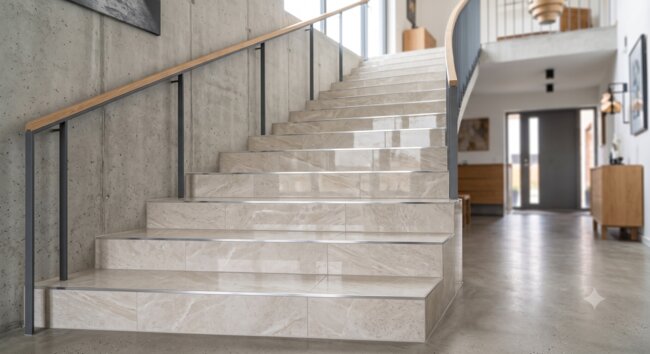 Modernes escaliers en grès beige dans un intérieur industriel.