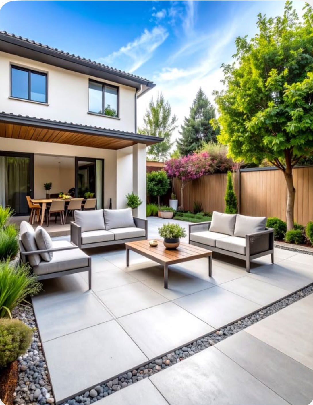 Terrasse moderne avec de grandes dalles claires et du mobilier de détente