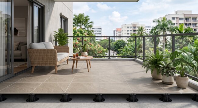 Balcon avec dalles céramiques montées sur plots réglables bas