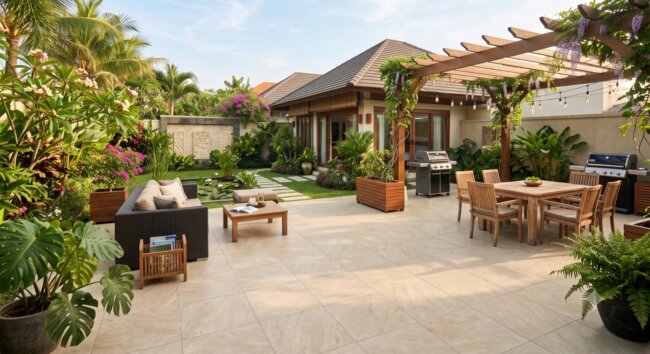 Grande terrasse de jardin avec des dalles en céramique claires et des meubles de détente