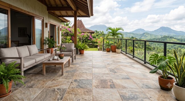 Terrasse avec dalles en grès cérame imitant la pierre naturelle et vue sur les montagnes
