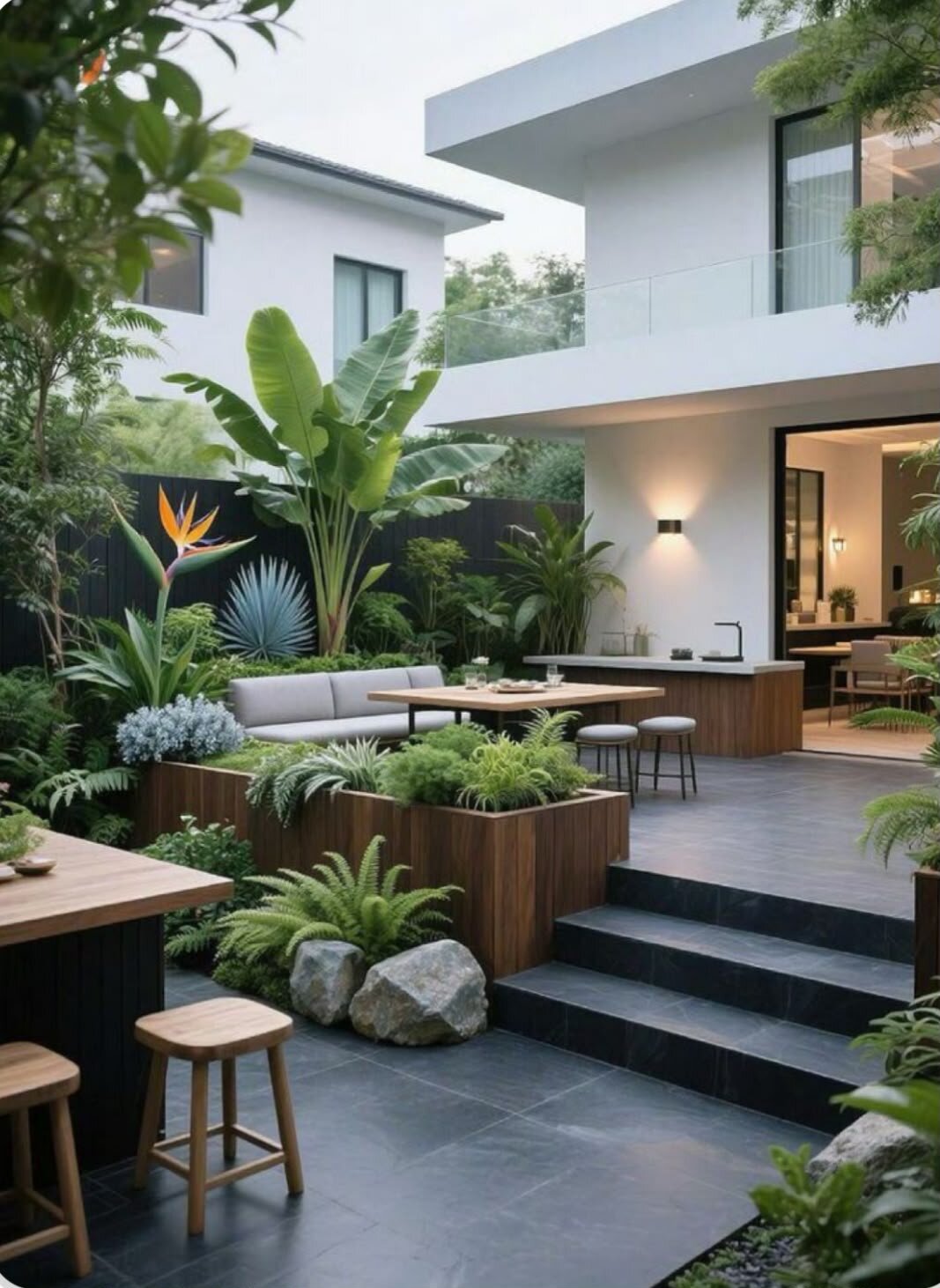 Moderne terrasse avec des meubles en bois et des plantes tropicales devant une maison blanche.
