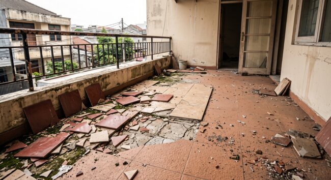Dalles endommagées et fissurées sur un balcon nécessitant une rénovation