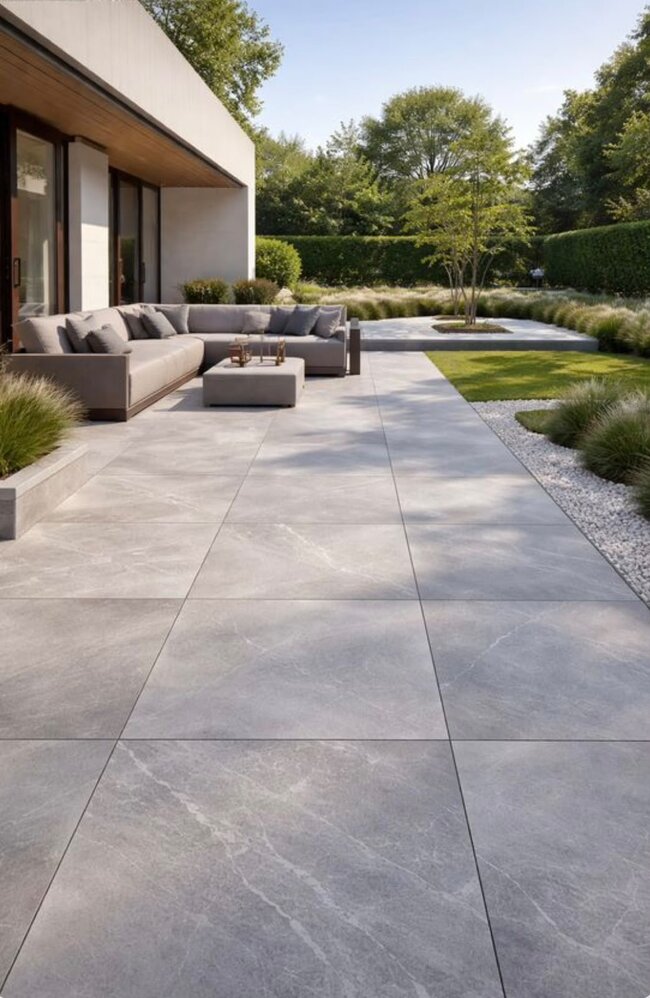 Moderne terrasse en dalles de grès gris et mobilier de jardin