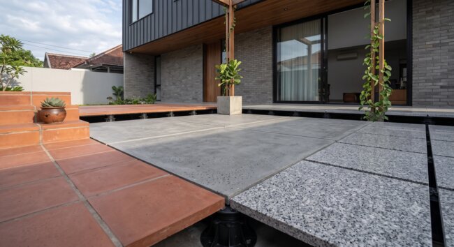 Terrasse Surélevée sur plots avec différents types de dalles de terrasse