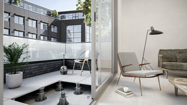 Moderne balcon avec plancher sur plots réglables relié au salon