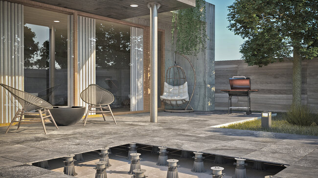 Visualisation d'une terrasse surélevée moderne sur plots réglables avec mobilier de jardin