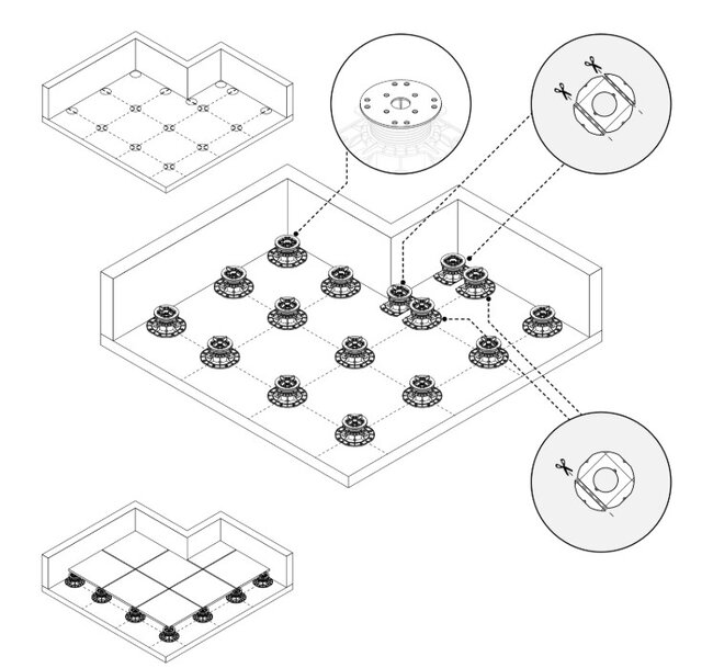 Montage du système de plots et de dalles sur terrasse surélevée avec angle intérieur