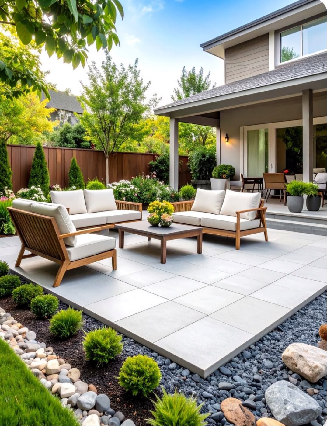 Moderne terrasse avec dalles en béton et mobilier de jardin.