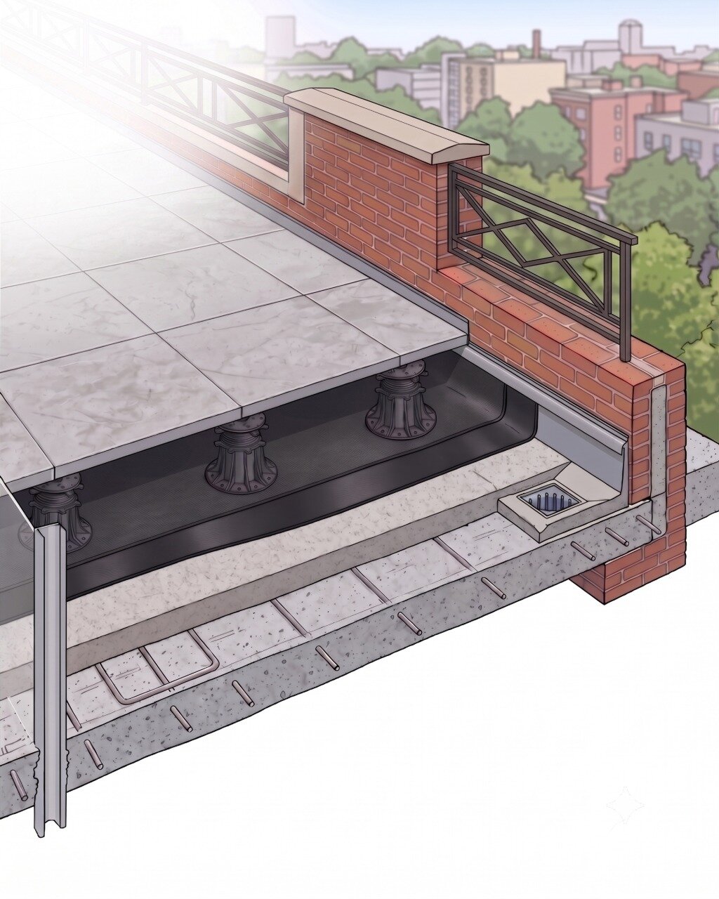 Schéma de la coupe des couches de la terrasse surélevée sur un toit avec étanchéité.