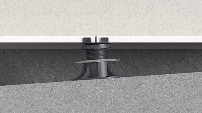 Plot réglable avec régulateur d'inclinaison pour dalles de terrasse.