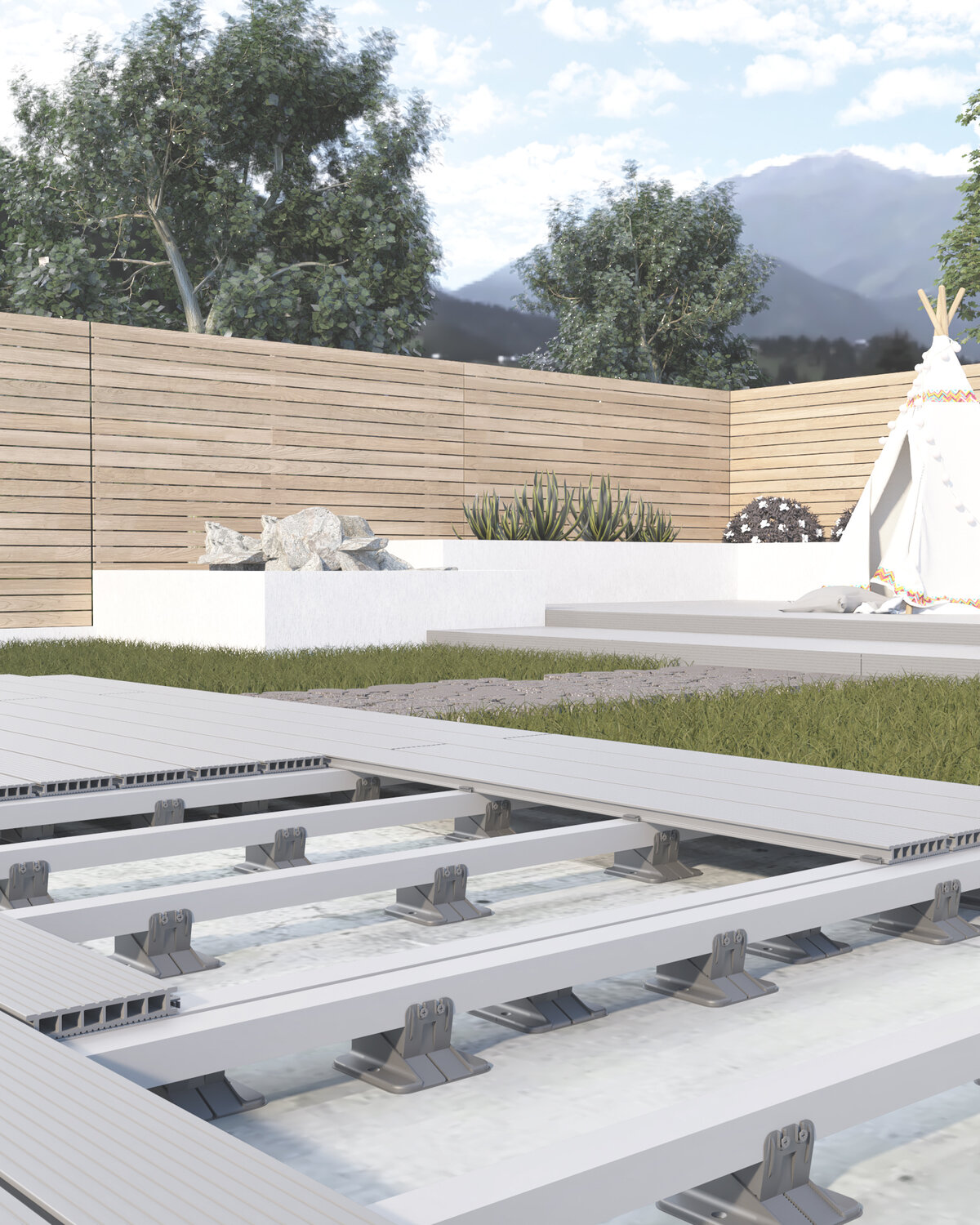 Plots de terrasse et lambourdes pour lames composites dans le jardin.