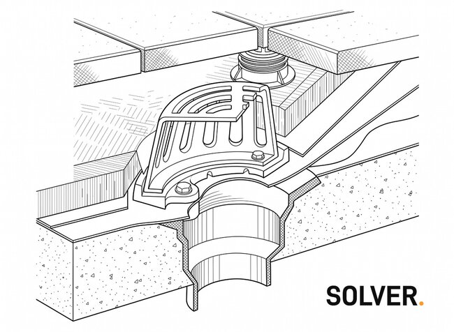 Dessin technique représentant l'installation d'un drain de toiture dans un système de terrasse surélevée.