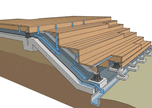 Schéma de drainage et d'écoulement de l'eau sous les escaliers de terrasse en bois