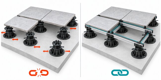 Diagramme comparatif d'un système de plots de terrasse sans rails porteurs vs un système combiné de lambourdes aluminium pour dalles extérieures.