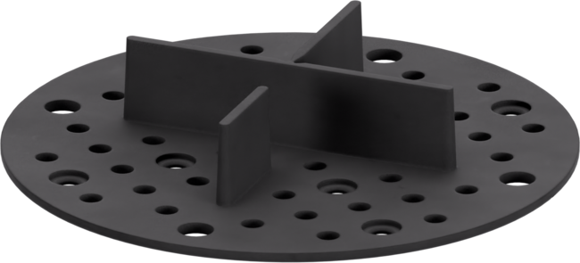 Tête de plot ronde en plastique avec clips de dilatation et croisillons pour la pose de dalles extérieures.