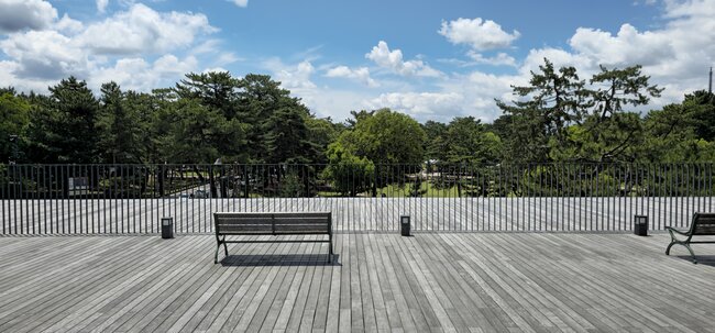 spacious elevated deck with weathered wooden decking metal r
