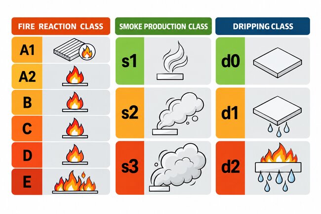 Graphique européen de classification au feu montrant la réaction au feu, la production de fumée et les évaluations de gouttelettes enflammées pour les matériaux de construction.