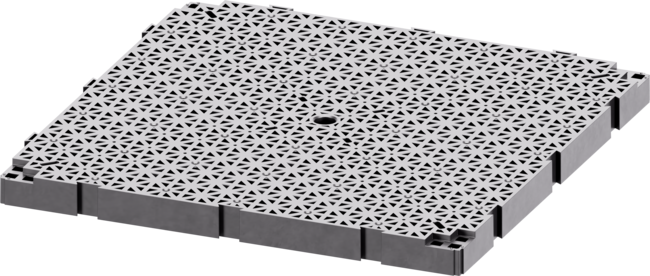 Panneau de sous-plancher drainant à emboîtement DeckSafe pour l'installation de patios et de terrasses.