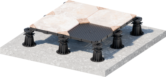 Grille de support DeckSafe montée sur des plots réglables avec dalles de terrasse extérieures.